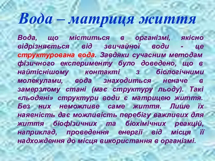 Вода – матриця життя Вода, що міститься в організмі, якісно відрізняється