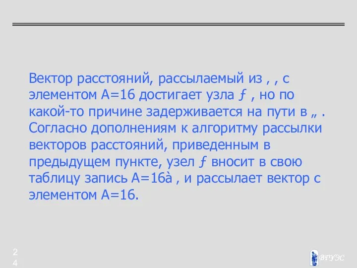 Вектор расстояний, рассылаемый из ‚ , с элементом A=16 достигает узла