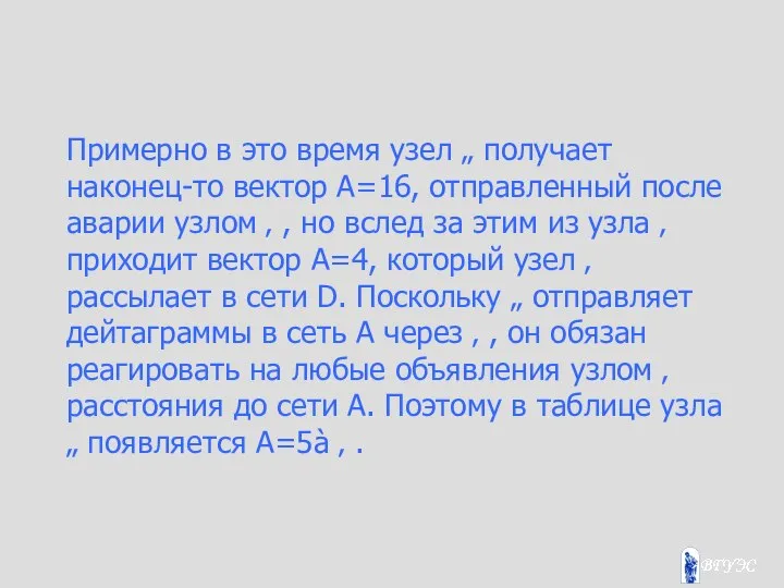 Примерно в это время узел „ получает наконец-то вектор А=16, отправленный