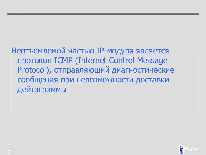 Неотъемлемой частью IP-модуля является протокол ICMP (Internet Control Message Protocol), отправляющий