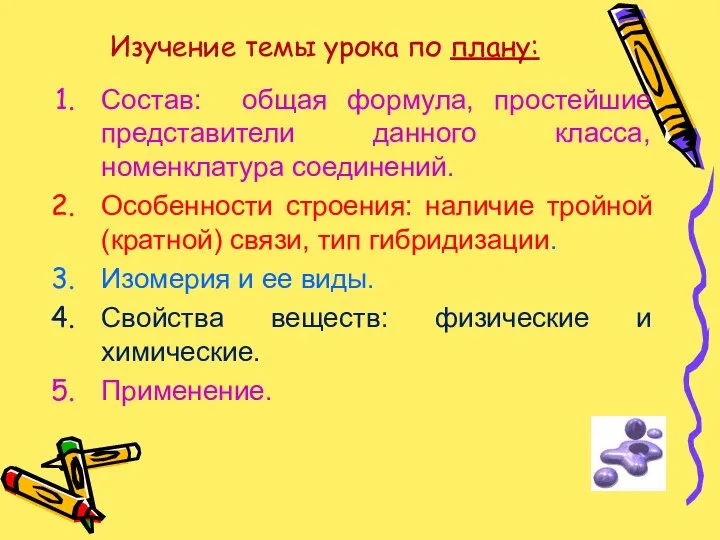 Изучение темы урока по плану: Состав: общая формула, простейшие представители данного