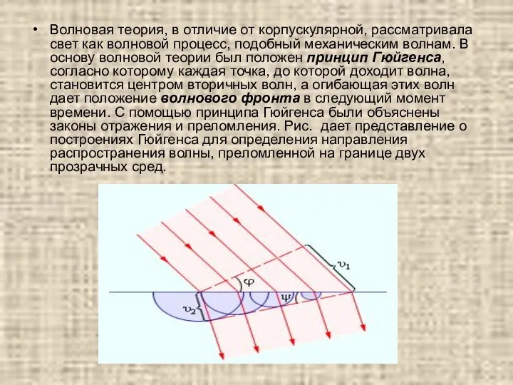 Волновая теория, в отличие от корпускулярной, рассматривала свет как волновой процесс,