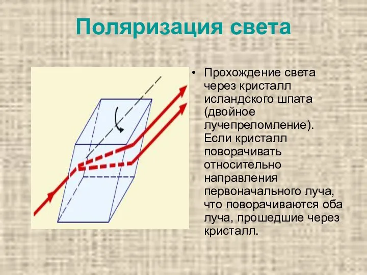 Поляризация света Прохождение света через кристалл исландского шпата (двойное лучепреломление). Если