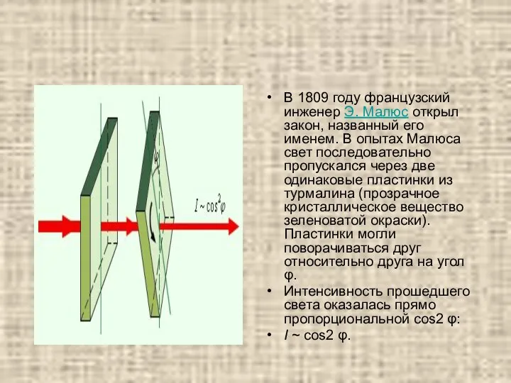 В 1809 году французский инженер Э. Малюс открыл закон, названный его