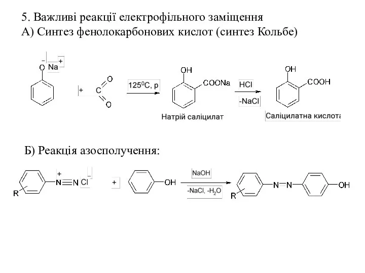 5. Важливі реакції електрофільного заміщення А) Синтез фенолокарбонових кислот (синтез Кольбе) Б) Реакція азосполучення: