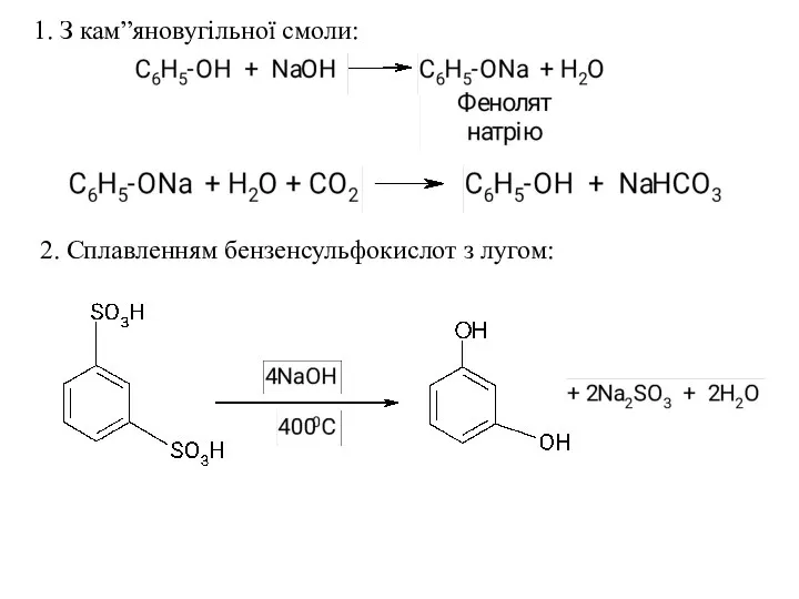 1. З кам”яновугільної смоли: 2. Сплавленням бензенсульфокислот з лугом: