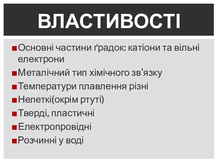 Основні частини ґрадок: катіони та вільні електрони Металічний тип хімічного зв’язку