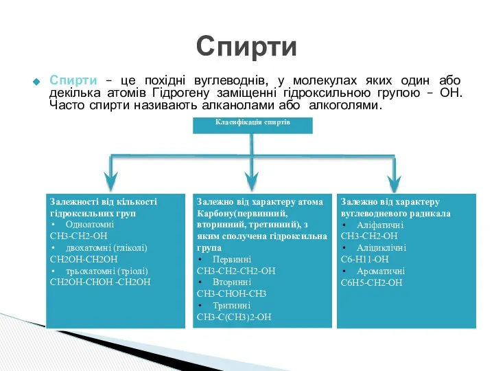 Спирти – це похідні вуглеводнів, у молекулах яких один або декілька