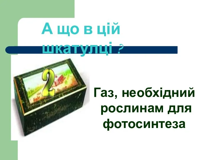 Газ, необхідний рослинам для фотосинтеза А що в цій шкатулці ?