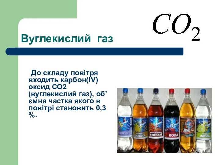 Вуглекислий газ До складу повітря входить карбон(IV) оксид СО2 (вуглекислий газ),