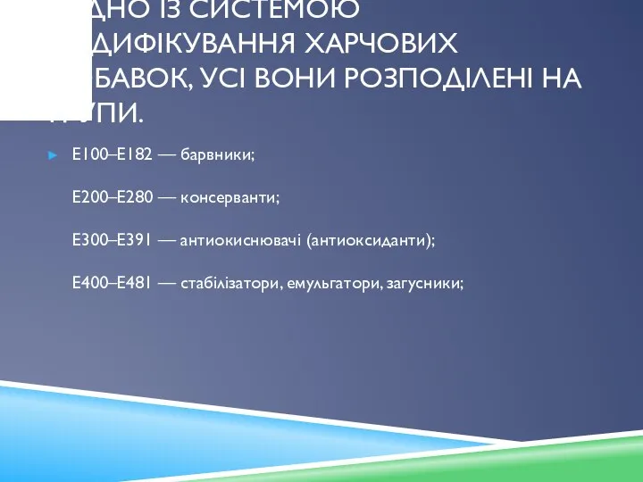 Згідно із системою кодифікування харчових добавок, усі вони розподілені на групи.