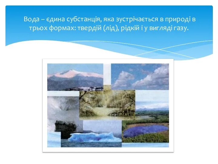 Вода – єдина субстанція, яка зустрічається в природі в трьох формах: