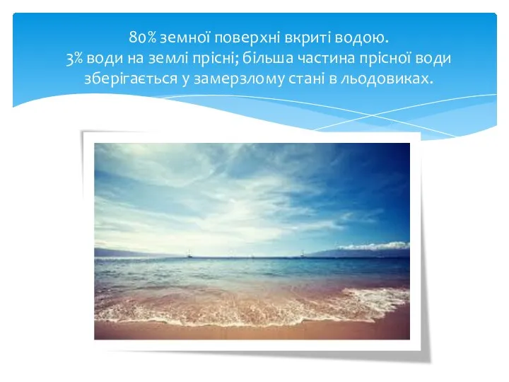 80% земної поверхні вкриті водою. 3% води на землі прісні; більша