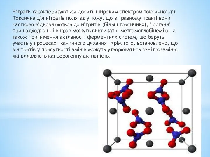 Нітрати характеризуються досить широким спектром токсичної дії. Токсична дія нітратів полягає