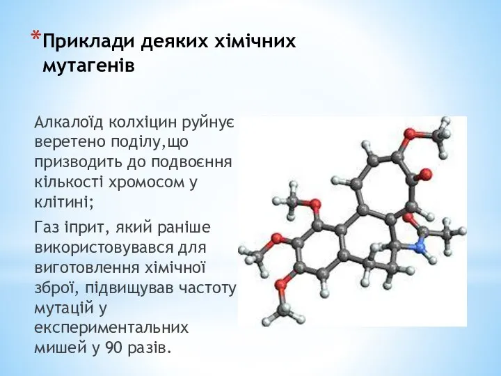 Приклади деяких хімічних мутагенів Алкалоїд колхіцин руйнує веретено поділу,що призводить до