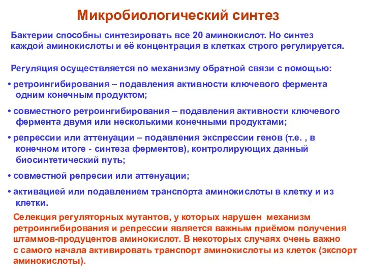 Микробиологический синтез Бактерии способны синтезировать все 20 аминокислот. Но синтез каждой