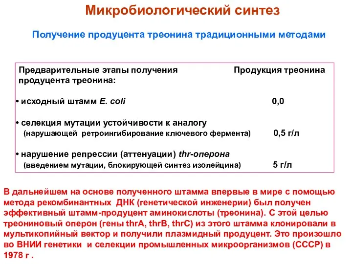 Предварительные этапы получения Продукция треонина продуцента треонина: исходный штамм E. coli