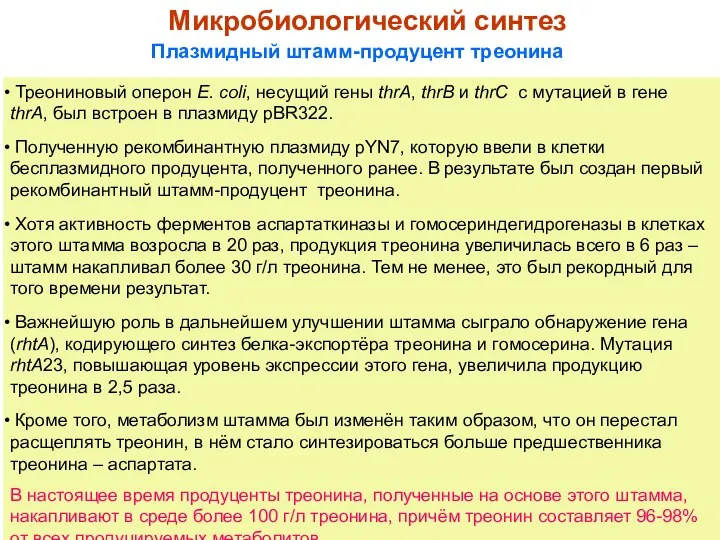 Микробиологический синтез Плазмидный штамм-продуцент треонина Треониновый оперон E. coli, несущий гены