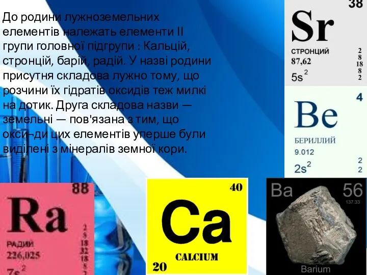 До родини лужноземельних елементів належать елементи ІІ групи головної підгрупи :