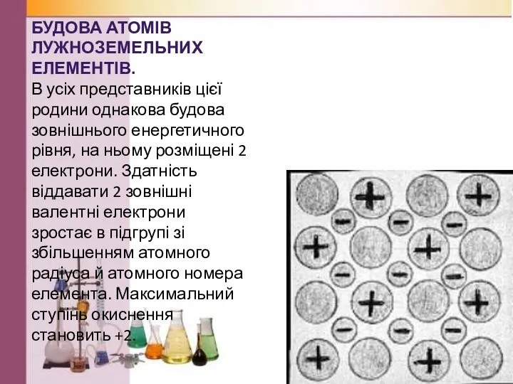 Будова атомів лужноземельних елементів. В усіх представників цієї родини однакова будова