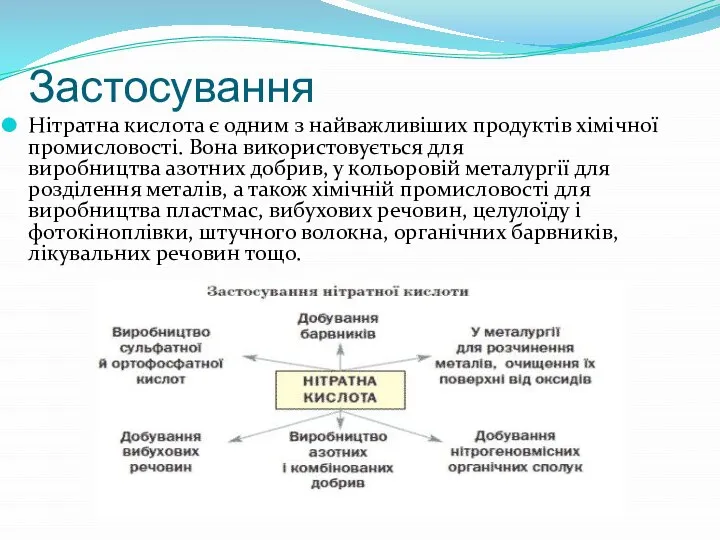 Застосування Нітратна кислота є одним з найважливіших продуктів хімічної промисловості. Вона