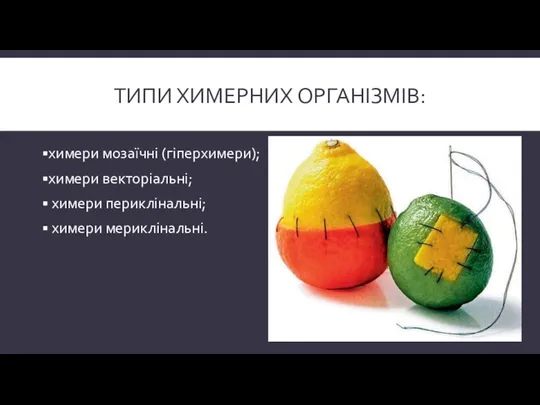 типи химерних організмів: химери мозаїчні (гіперхимери); химери векторіальні; химери периклінальні; химери мериклінальні.