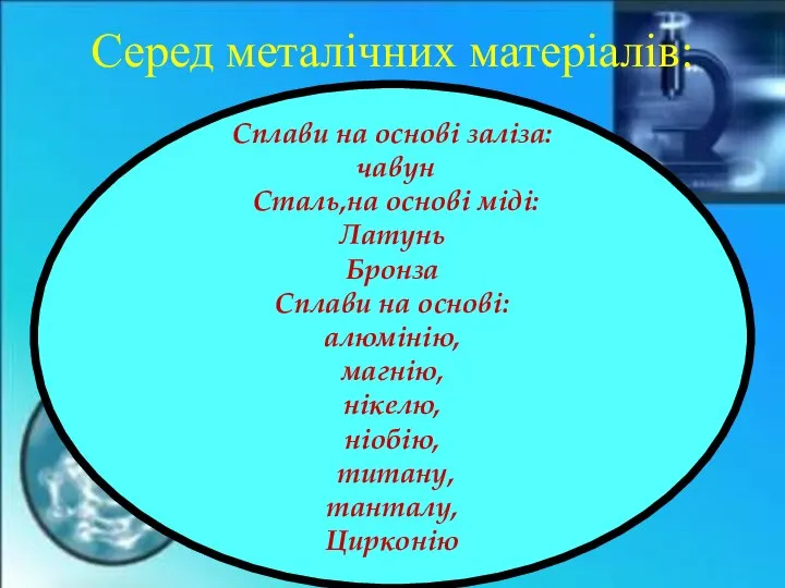 Серед металічних матеріалів: Сплави на основі заліза: чавун Сталь,на основі міді: