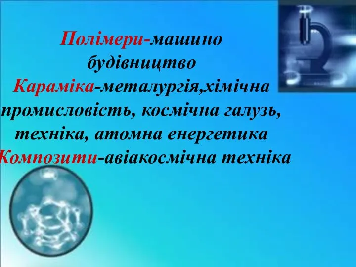 Полімери-машино будівництво Караміка-металургія,хімічна промисловість, космічна галузь,техніка, атомна енергетика Композити-авіакосмічна техніка