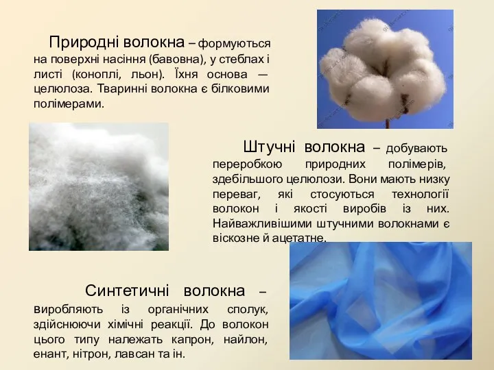 Природні волокна – формуються на поверхні насіння (бавовна), у стеблах і