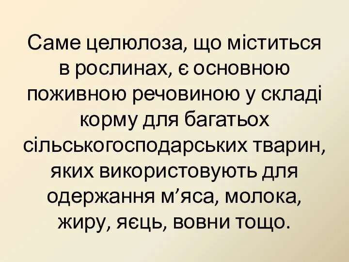 Саме целюлоза, що міститься в рослинах, є основною поживною речовиною у