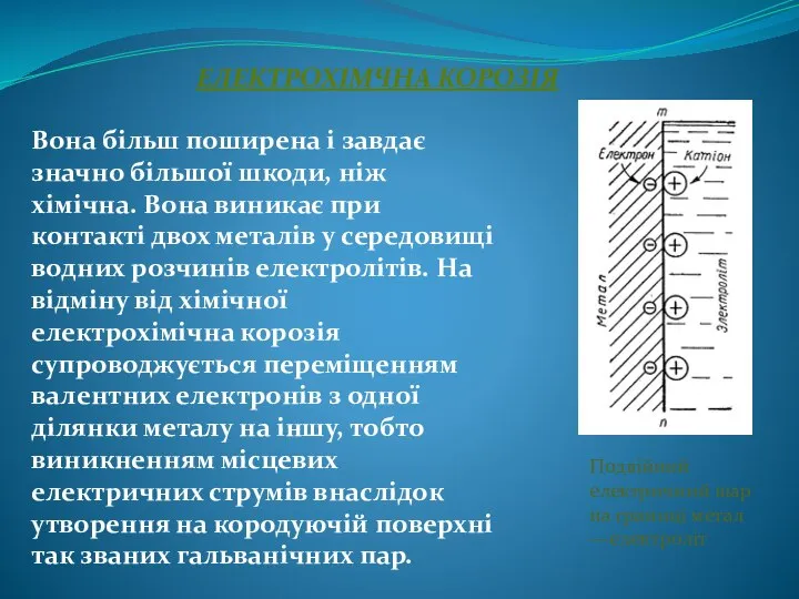 ЕЛЕКТРОХІМЧНА КОРОЗІЯ Вона більш поширена і завдає значно більшої шкоди, ніж