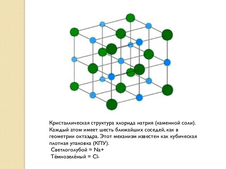 Кристаллическая структура хлорида натрия (каменной соли). Каждый атом имеет шесть ближайших