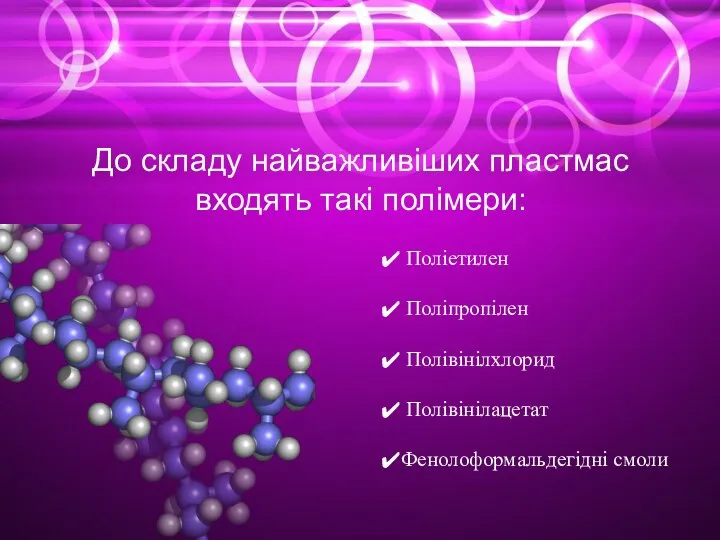 До складу найважливіших пластмас входять такі полімери: Поліетилен Поліпропілен Полівінілхлорид Полівінілацетат Фенолоформальдегідні смоли