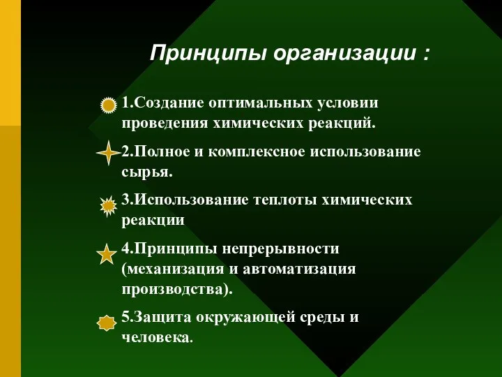 1.Создание оптимальных условии проведения химических реакций. 2.Полное и комплексное использование сырья.