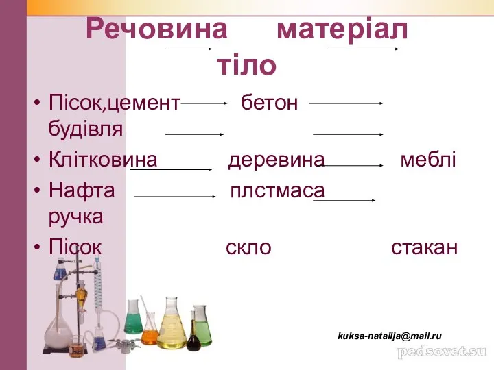 Речовина матеріал тіло Пісок,цемент бетон будівля Клітковина деревина меблі Нафта плстмаса ручка Пісок скло стакан kuksa-natalija@mail.ru