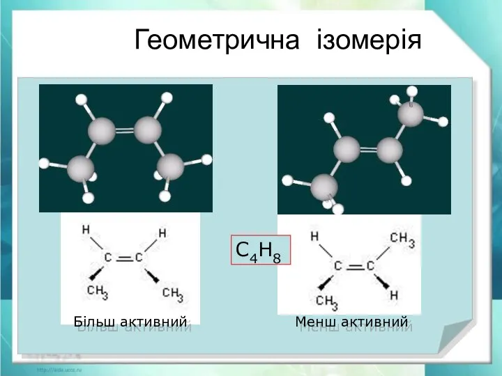 Геометрична ізомерія Явление существования изомеров, одинаковых по составу и молекулярной массе,