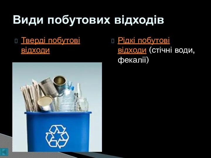 Тверді побутові відходи Рідкі побутові відходи (стічні води, фекалії) Види побутових відходів