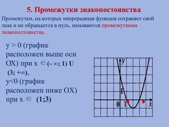 5. Промежутки знакопостоянства Промежутки, на которых непрерывная функция сохраняет свой знак