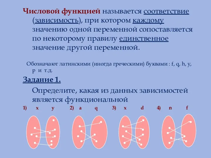 Числовой функцией называется соответствие (зависимость), при котором каждому значению одной переменной