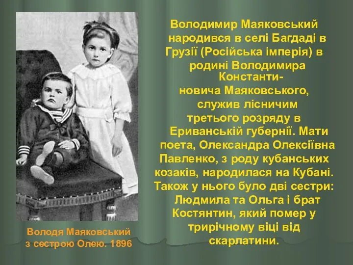 Володимир Маяковський народився в селі Багдаді в Грузії (Російська імперія) в