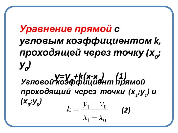 Уравнение прямой с угловым коэффициентом k, проходящей через точку (х0;у0) у=у0+k(x-x0)