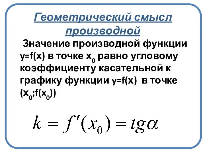 Геометрический смысл производной Значение производной функции y=f(х) в точке х0 равно