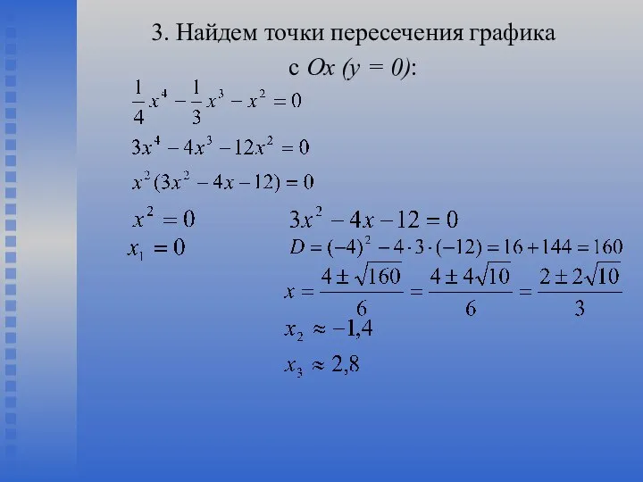 3. Найдем точки пересечения графика с Ох (у = 0):