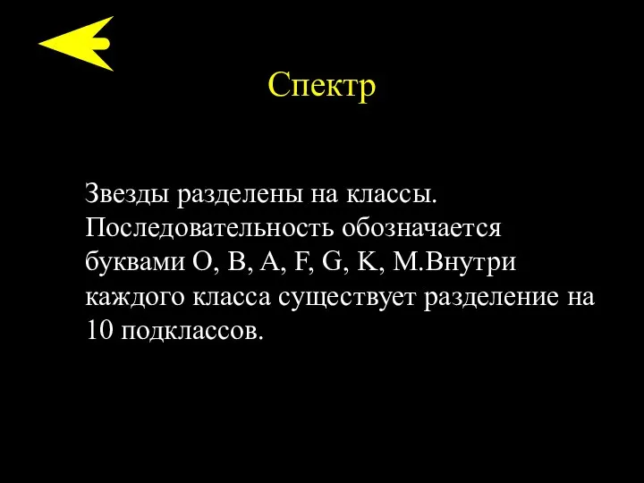 Спектр Звезды разделены на классы. Последовательность обозначается буквами O, B, A,