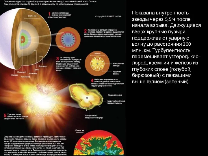 Показана внутренность звезды через 5,5 ч после начала взрыва. Движущиеся вверх