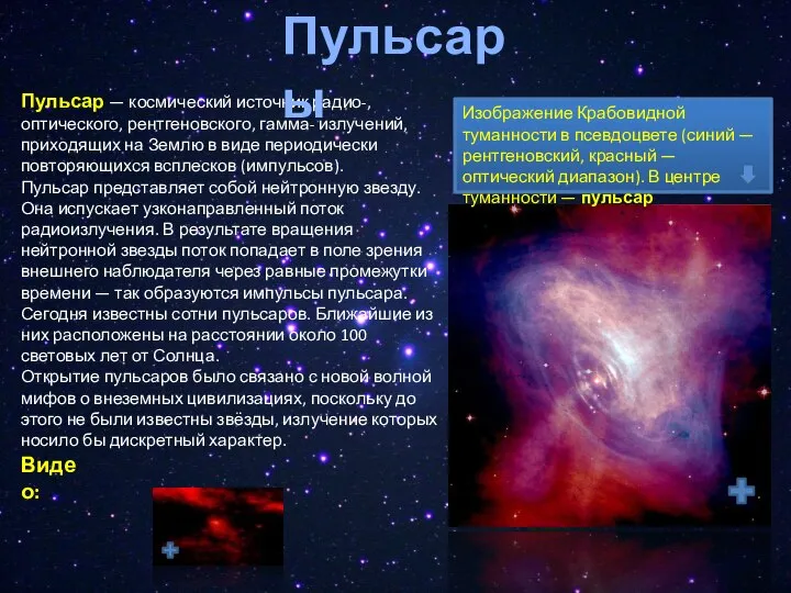 Пульсар — космический источник радио-, оптического, рентгеновского, гамма- излучений, приходящих на