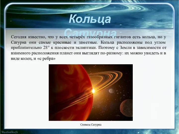 Кольца Сатурна Сегодня известно, что у всех четырёх газообразных гигантов есть