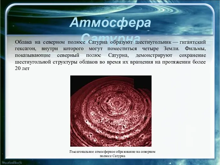 Атмосфера Сатурна Облака на северном полюсе Сатурна образуют шестиугольник — гигантский