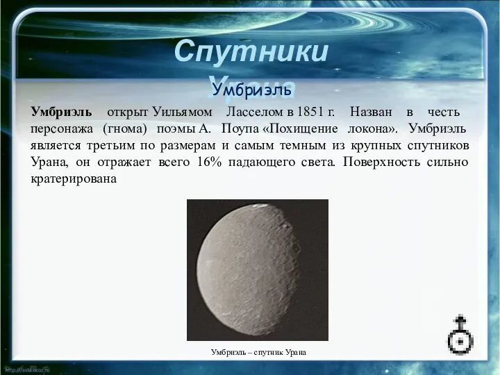 Спутники Урана . Умбриэль открыт Уильямом Ласселом в 1851 г. Назван