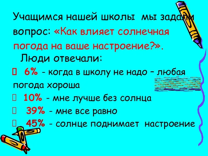 Учащимся нашей школы мы задали вопрос: «Как влияет солнечная погода на